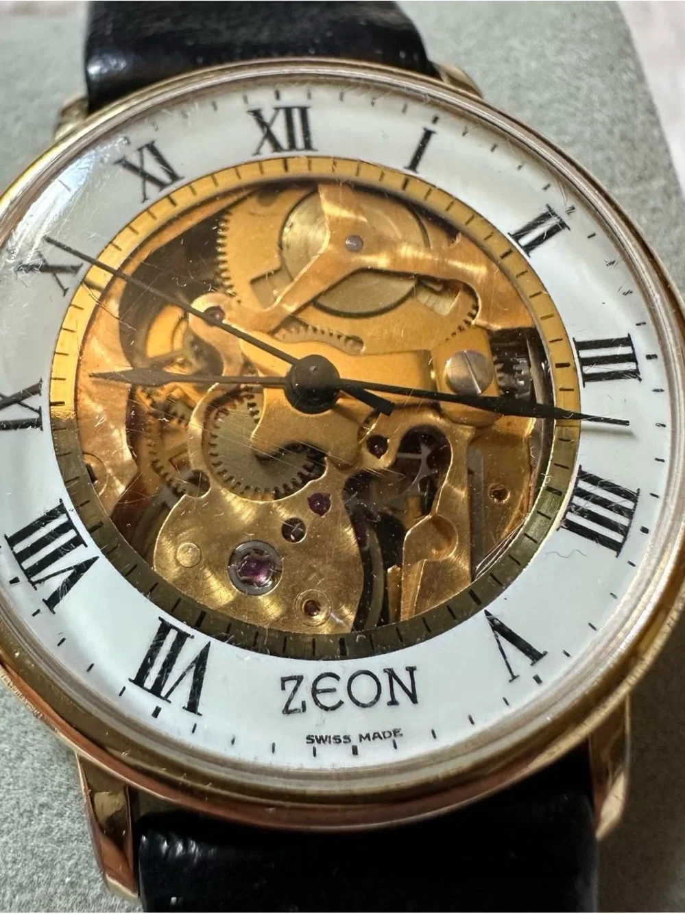 Vintage Men’s Zeon Gold Skeleton Dial Watch with Black Leather Strap